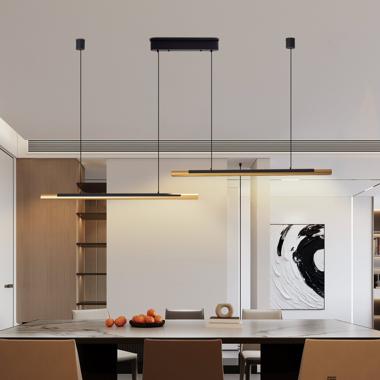 75-inch Modern Black And Gold LED Pendant Light, Adjustable Hanging Light For Dining Room, Kitchen, Living Room Sleek Dual Tube Design
